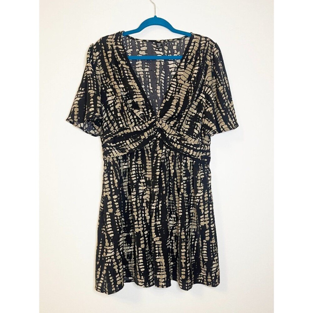 Shein Curve 1XL Black & Beige Printed Mini Dress Boho Tie Dye Short Sleeve Flowy